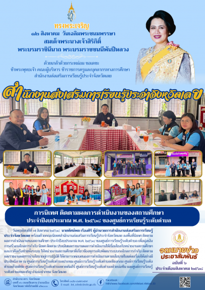           วันพฤหัสบดีที่ ๗ สิงหาคม ๒๕๖๘ นายทัศน์พล เรืองศิริ ผู้อำนวยการสำนักงานส่งเสริมการเรียนรู้ประจำจังหวัดเลย พร้อมด้วยคณะนิเทศสำนักง﻿านส่งเสริมการเรียนรู้ประจำจังหวัดเลย ลงพื้นที่นิเทศ ติดตามผลการดำเนินงานของสถานศึกษา ประจำปีงบประมาณ พ.ศ. ๒๕๖๘ ของศูนย์การเรียนรู้ระดับตำบล เพื่อมุ่งเน้นการสร้างกลไกลการกำกับ นิเทศ ติดตาม ประเมินและรายงานผลการดำเนินงานให้เชื่อมโยงกับหน่วยงานสถานศึกษาและภาคีเครือข่ายทั้งระบบ ให้หน่วยงานสถานศึกษาที่เกี่ยวข้องทุกระดับพัฒนาระบบกลไกลการกำกับ ติดตาม และรายงานผลการนำนโยบายสู่การปฏิบัติ ให้สามารถตอบสนองการดำเนินงานตามนโยบายในแต่ละเรื่องได้อย่างมีประสิทธิภาพ ณ ศูนย์การเรียนรู้ระดับตำบลปากชม ศูนย์การเรียนรู้ระดับตำบลเชียงกลม ศูนย์การเรียนรู้ระดับตำบลห้วยพิชัย ศูนย์การเรียนรู้ระดับตำบลหาดคัมภีร์ ศูนย์การเรียนรู้ระดับตำบลห้วยบ่อซืน และศูนย์การเรียนรู้ระดับตำบลชมเจริญ อำเภอปากชม จังหวัดเลย
