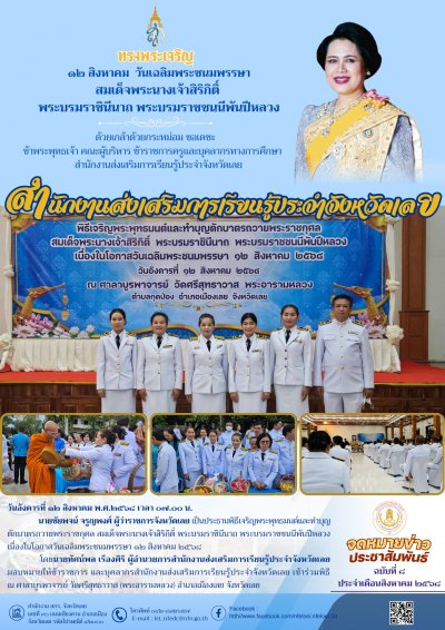        วันอังคารที่ ๑๒ สิงหาคม พ.ศ.๒๕﻿๖๘ เวลา ๐๗.๐๐ น. นายชัยพจน์ จรูญพงศ์ ผู้ว่าราชการจังหวัดเลย เป็นประธานพิธีเจริญพระพุทธมนต์และทำบุญตักบาตรถวายพระราชกุศล สมเด็จพระนางเจ้าสิริกิติ์ พระบรมราชินีนาถ พระบรมราชชนนีพันปีหลวง เนื่องในโอกาสวันเฉลิมพระชนมพรรษา ๑๒ สิงหาคม ๒๕๖๘

        โดยนายทัศน์พล เรืองศิริ ผู้อำนวยการสำนักงานส่งเสริมการเรียนรู้ประจำจังหวัดเลย มอบหมายให้ข้าราชการ และบุคลากรสำนักงานส่งเสริมการเรียนรู้ประจำจังหวัดเลย เข้าร่วมพิธี ณ ศาลาบูรพาจารย์ วัดศรีสุทธาวาส (พระอารามหลวง) อำเภอเมืองเลย จังหวัดเลย